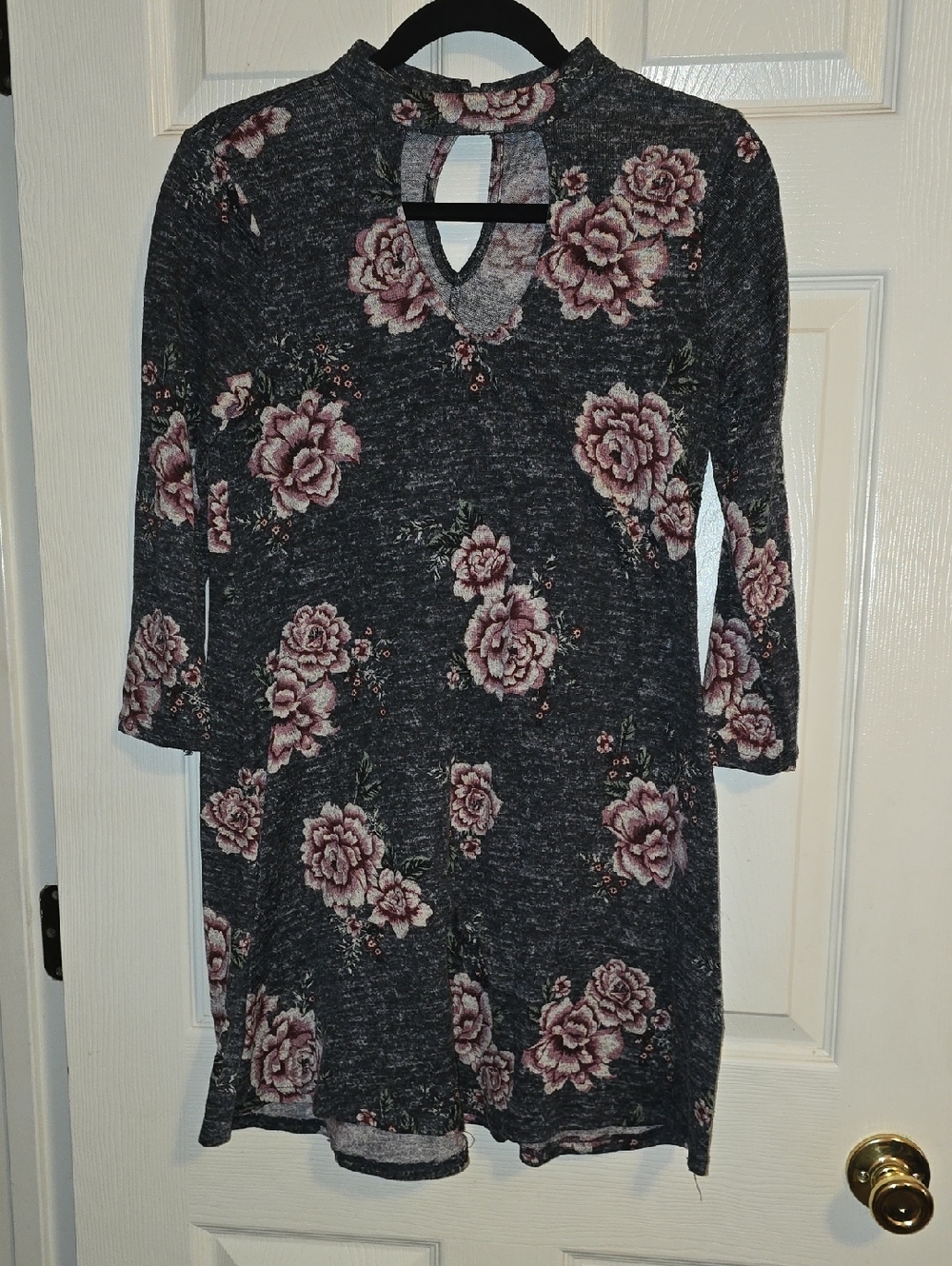 living doll Charcoal Floral Keyhole Long-Sleeve‎ Dress